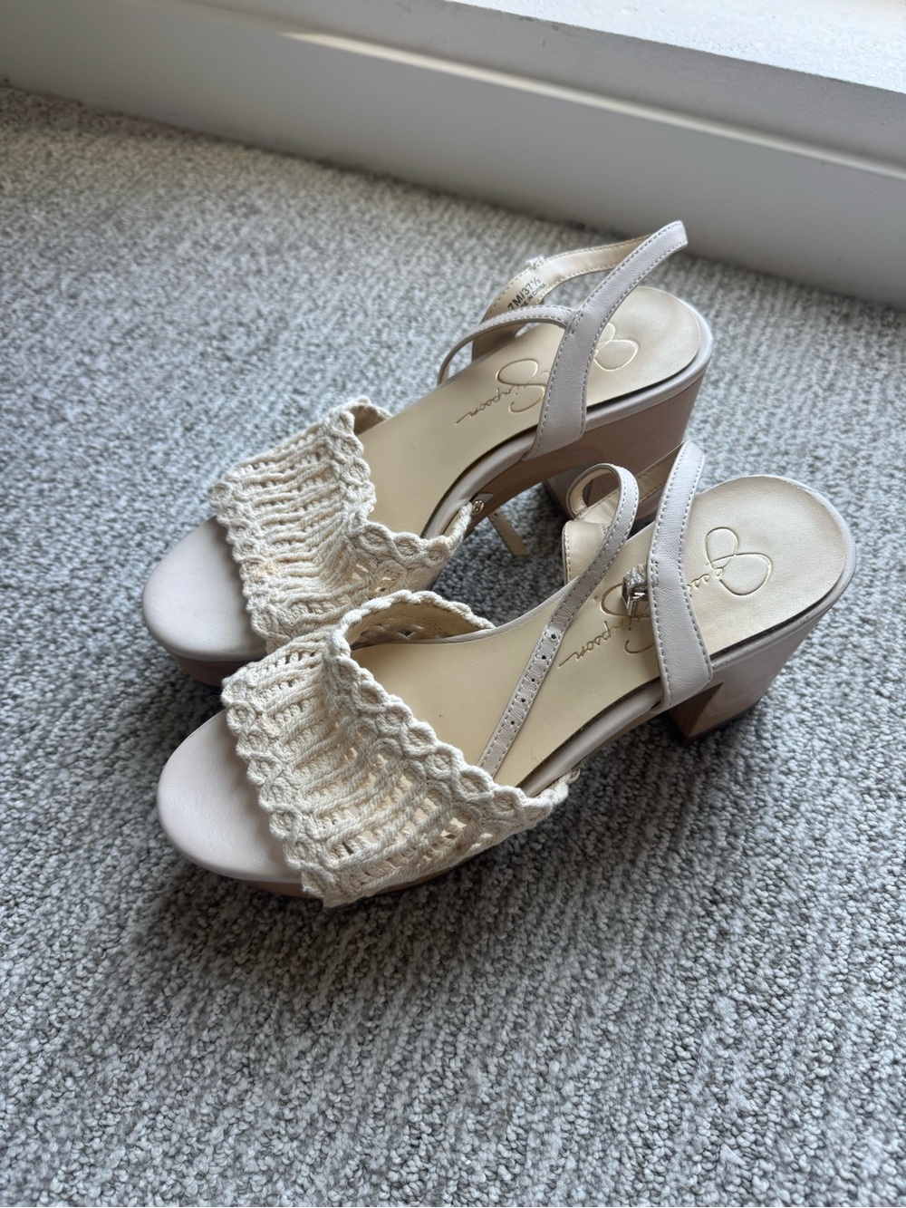 Jessica Simpson Cream Crochet Block Heel Sandals with Neutral Straps